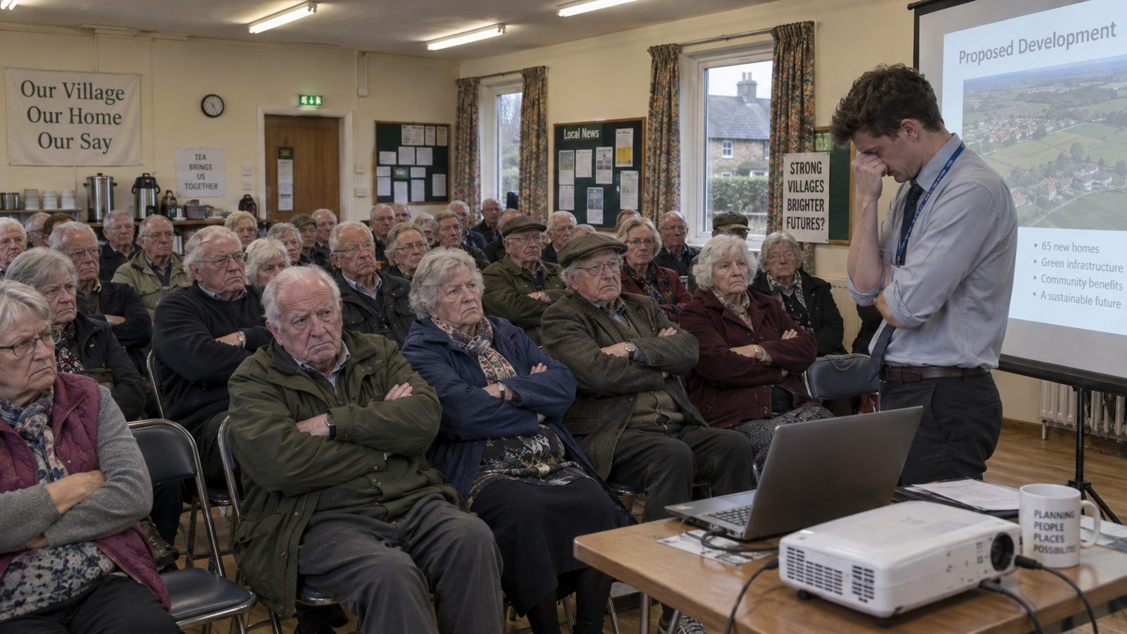 A village hall meeting. Rows of folding chairs, every one occupied by someone over 65 with their arms folded. At the front, a young planning officer with a laptop looks like he is about to cry.