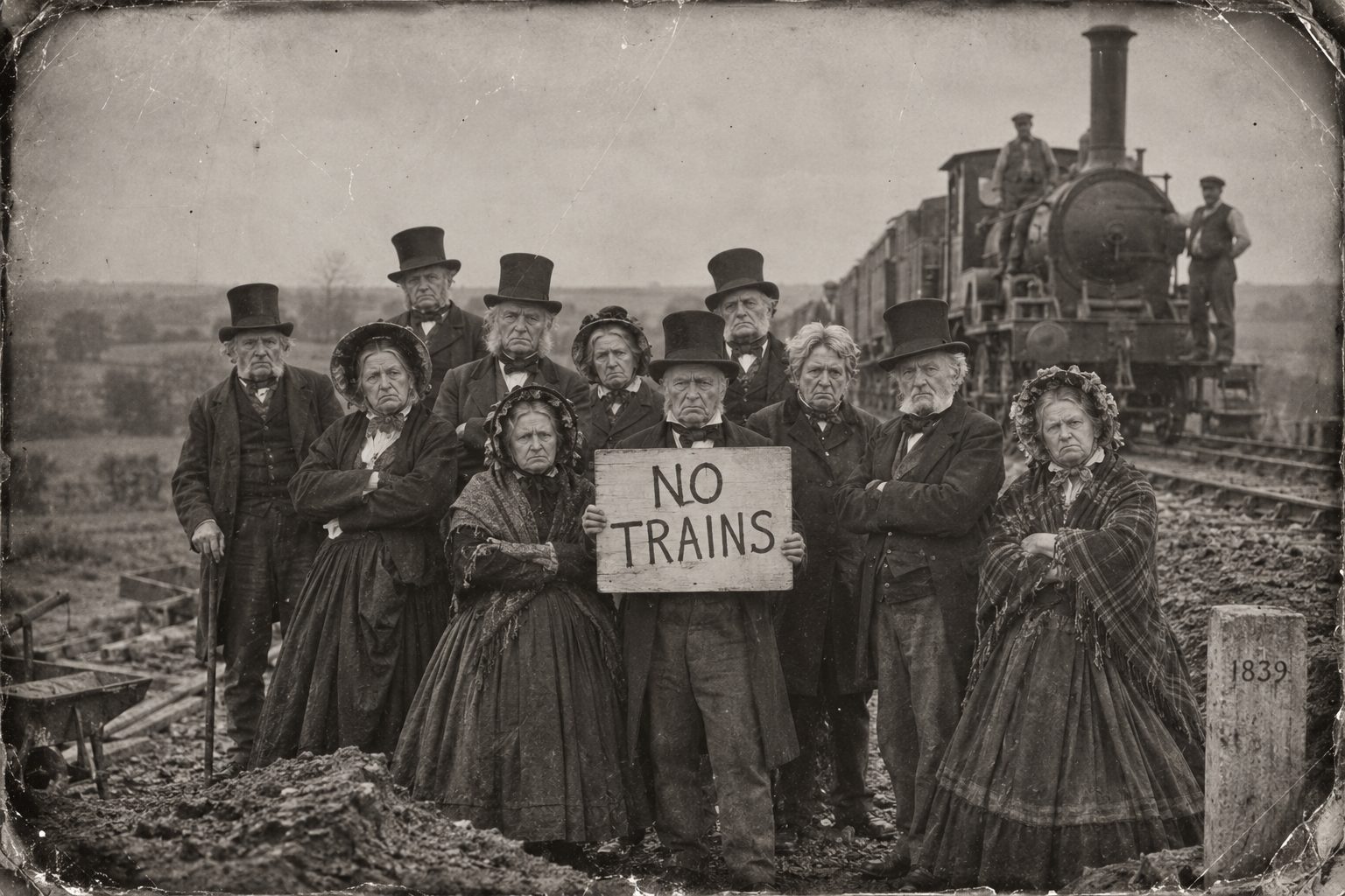 Victorian photograph, 1839: a dozen extremely grumpy elderly people in top hats, bonnets and mutton-chop whiskers standing on a half-built railway embankment, arms folded, glaring at the camera. One holds a hand-painted board reading "NO TRAINS". A steam locomotive is visible behind them, waiting.