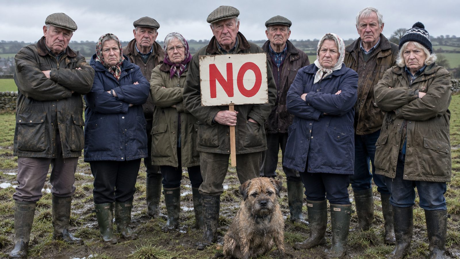 A grumpy group of about nine people standing in a wet field for no obvious reason, arms folded, waxed jackets, one holding a hand-painted placard that just says "NO". A border terrier in the foreground, also looking cross.