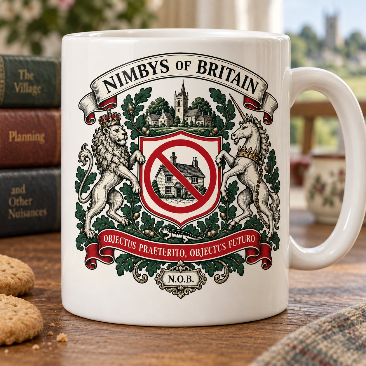 The NIMBYs of Britain arms mug on a wooden table beside digestive biscuits and a book titled Planning and Other Nuisances