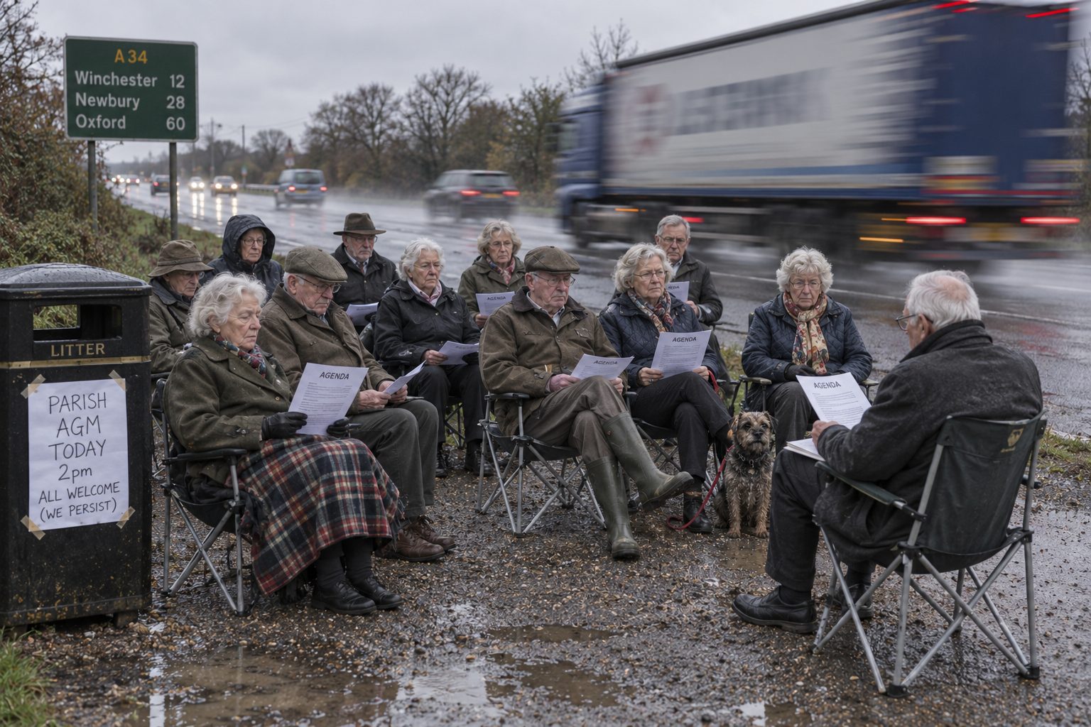 A dozen elderly people on folding chairs in a gravel lay-by as a lorry thunders past.