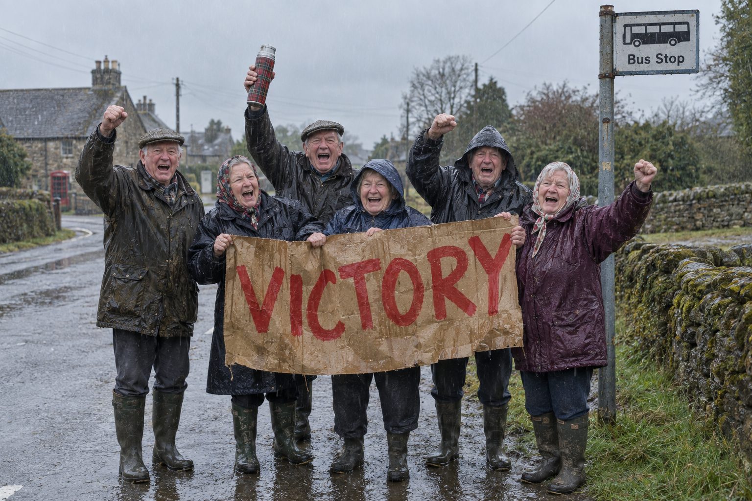 Six elderly people cheering in heavy rain at an empty bus stop, holding a damp banner reading "VICTORY". Nobody has an umbrella.