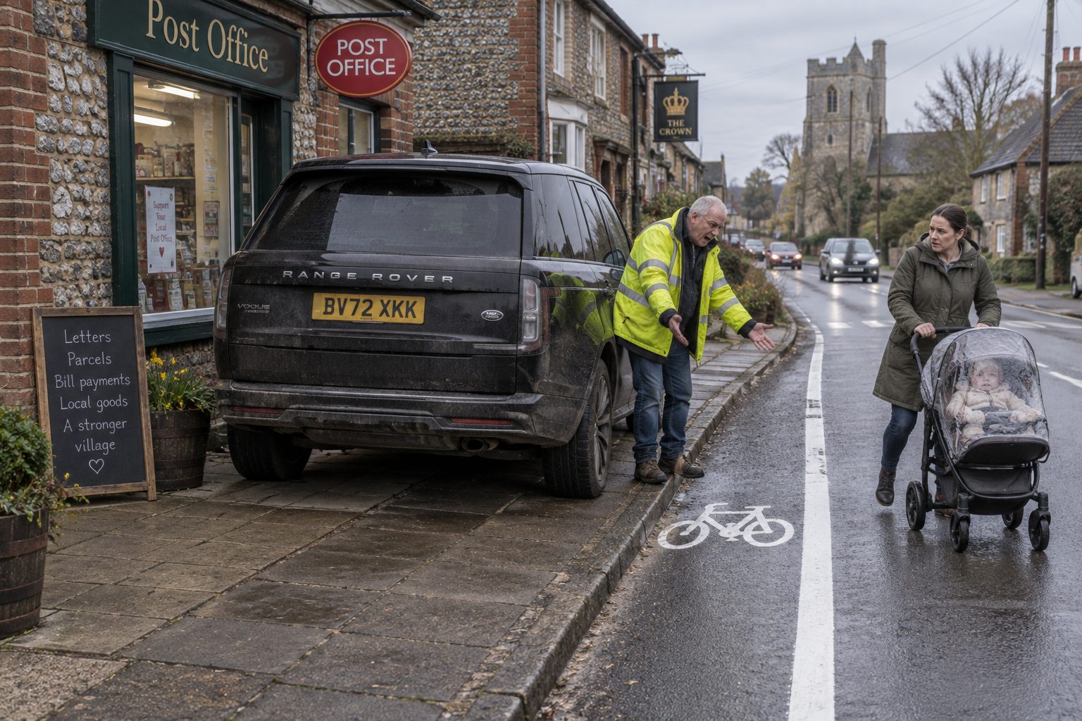 A 4x4 parked on a village pavement, a man in hi-vis gesturing at a white line, a woman with a pushchair in the road.