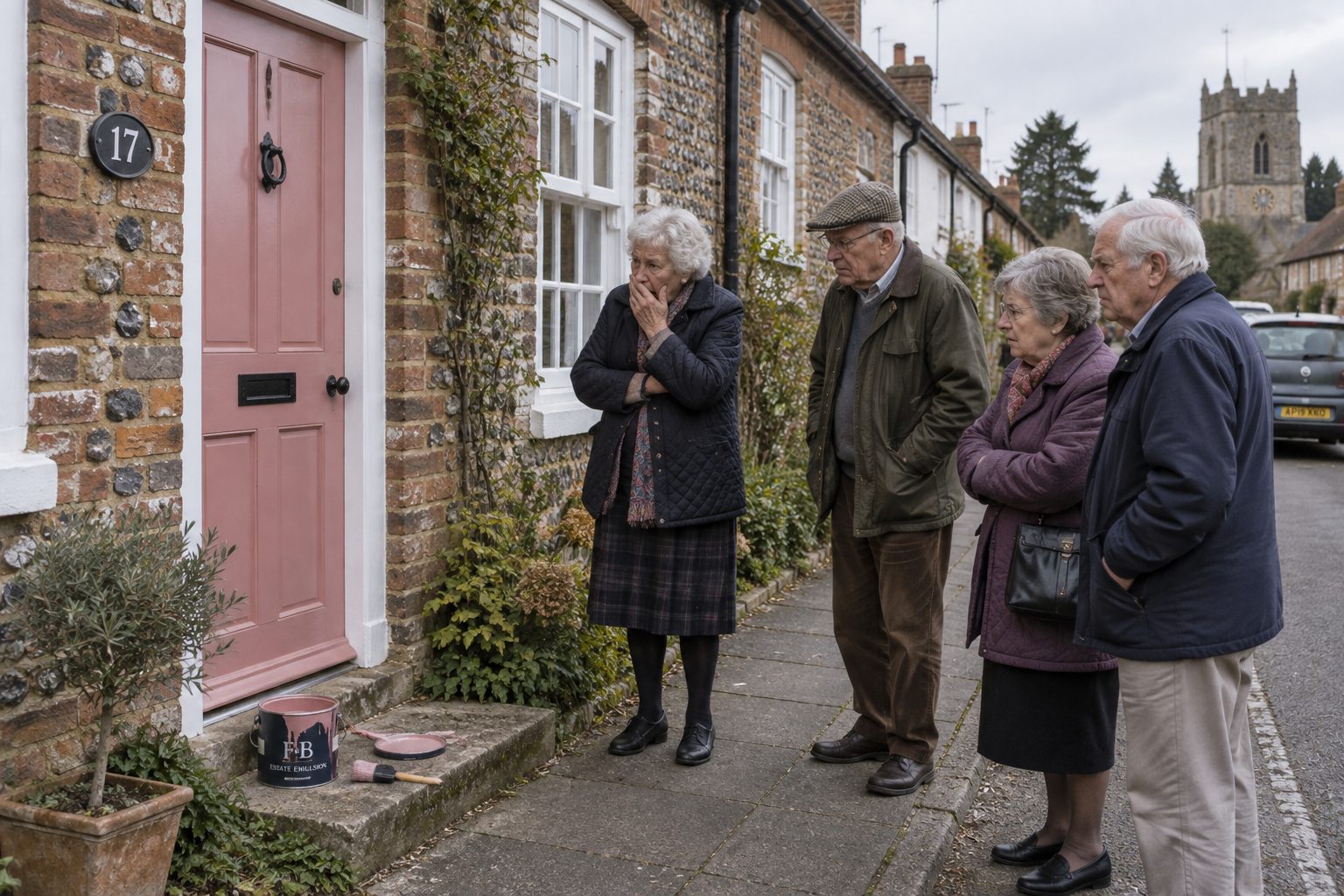 A terraced cottage front door freshly painted dusky pink, four horrified elderly neighbours on the pavement.