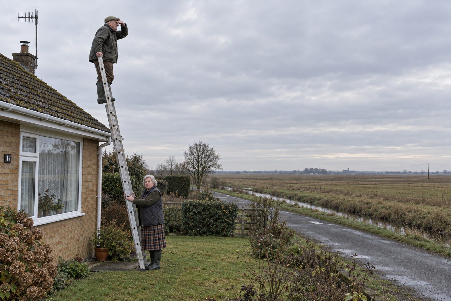 An elderly man at the top of a tall ladder against a bungalow, squinting furiously at an empty horizon.