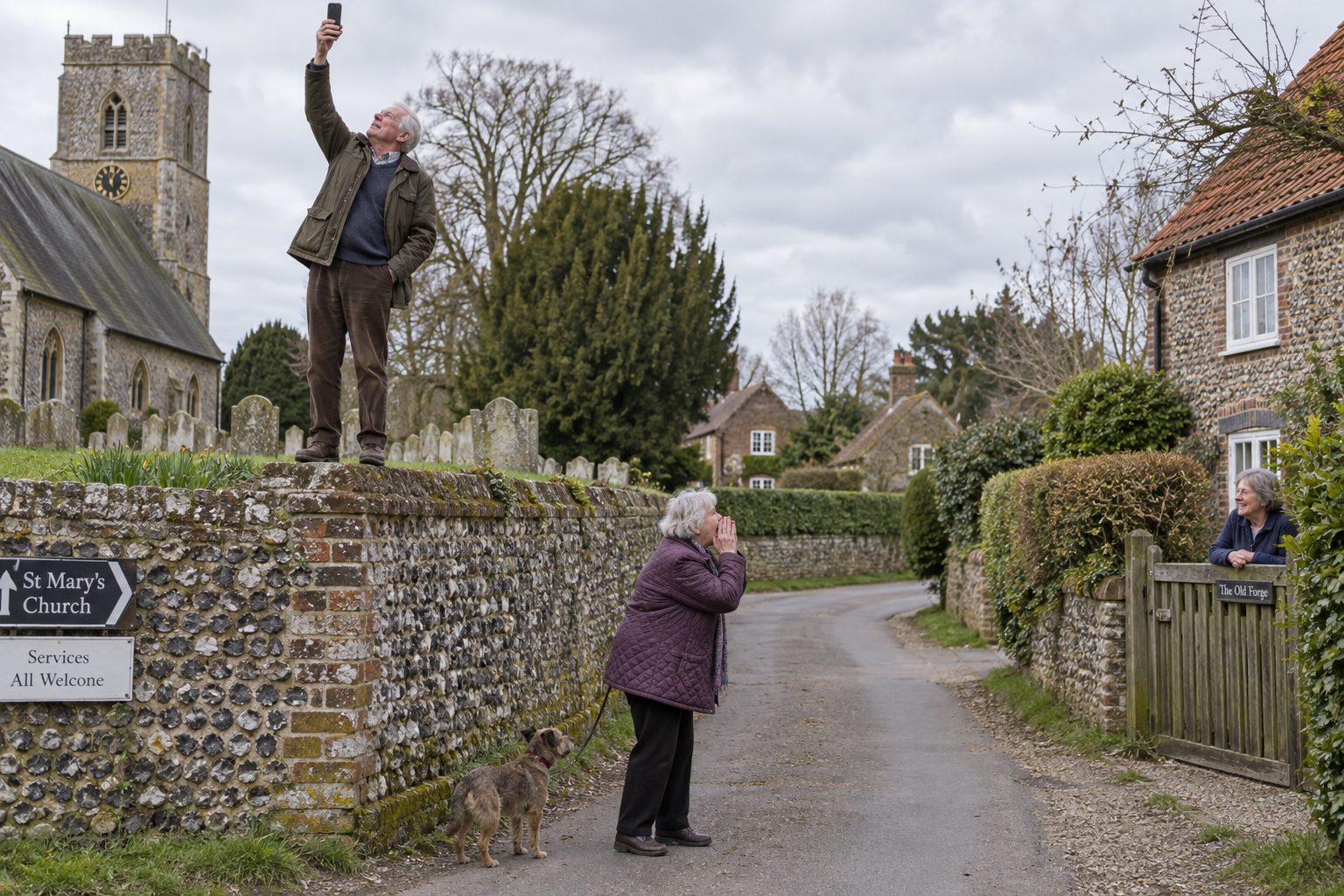 A man on a churchyard wall holding a phone to the sky for signal while his wife shouts to a neighbour.
