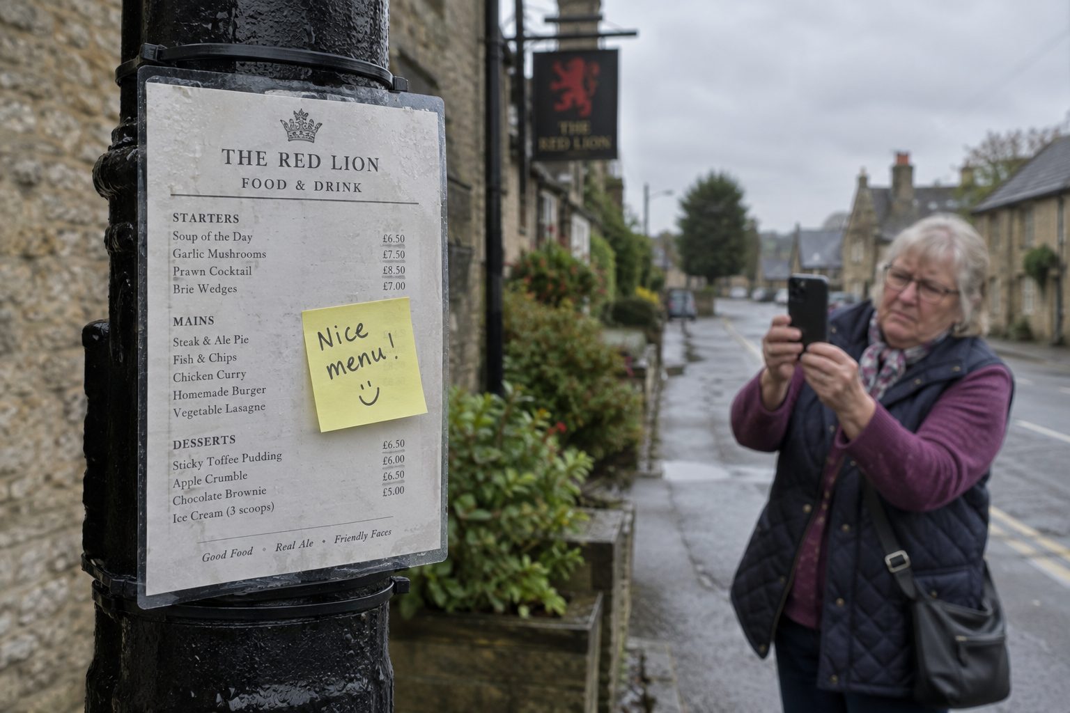 A laminated Red Lion pub menu on a lamppost with a "Nice menu!" sticky note, and a woman photographing it from a distance.