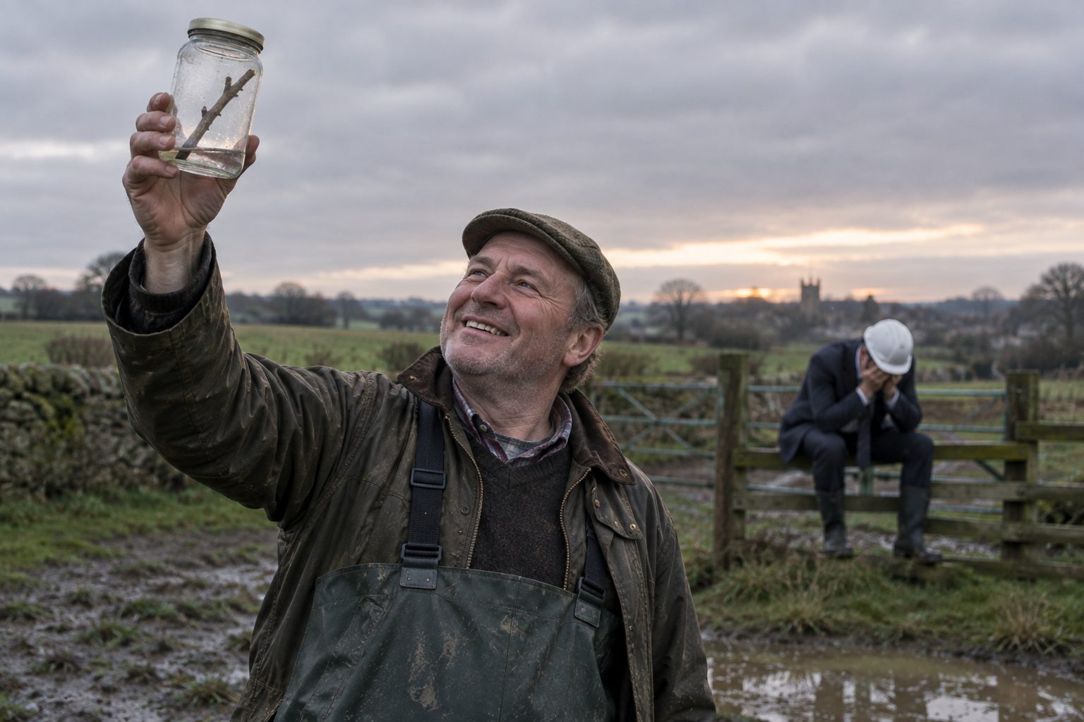 A man in waders holding a jam jar up to the light in a muddy field, looking triumphant. Inside the jar is a twig.