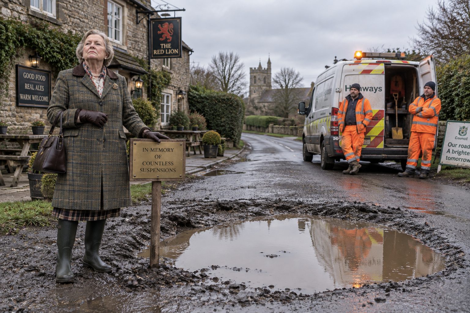 A woman in pearls unveiling a brass plaque beside a large brown puddle. A council van waits with a shovel.