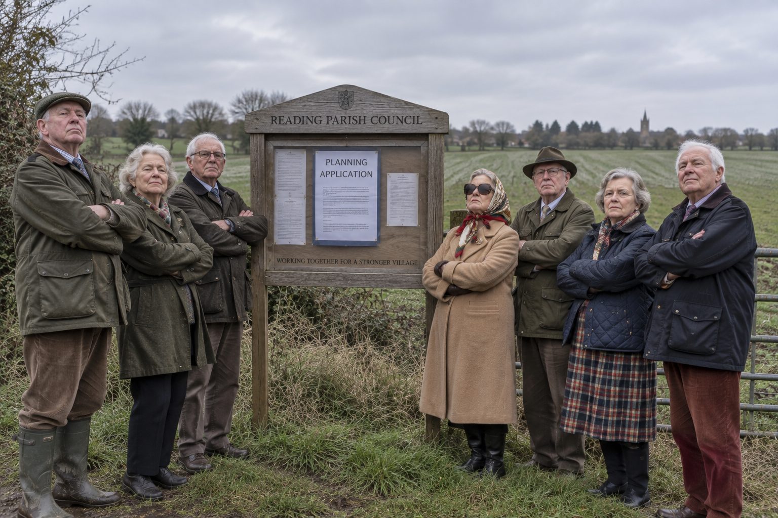 Proud elderly villagers in front of an empty field with a "REFUSED" sign. Inset: a young man in a Reading flat, shrugging.