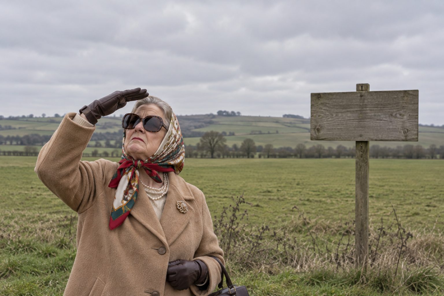 A woman in a headscarf and huge sunglasses shielding her eyes from an overcast sky in an ordinary field.