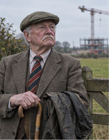 Elderly man in tweed, regimental tie and a flat cap, standing at a five-bar gate, glaring at a distant crane. Moustache. Shooting stick.