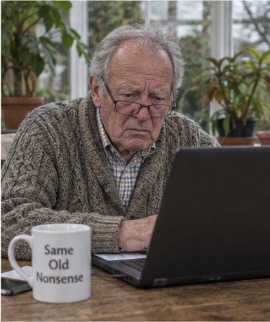 Man of 74 squinting at a laptop through reading glasses in a conservatory (which he objected to). Caps lock light clearly on. Mug reading "WORLD'S BEST OBJECTOR".