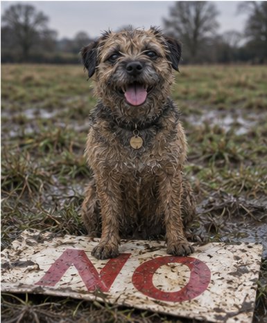 A border terrier sitting proudly on a fallen "NO" placard in a muddy field, looking extremely pleased with itself. Tongue out. Mud on the face.