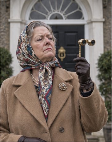 Imperious woman in pearls and a headscarf in front of a Georgian doorway, holding a lorgnette towards a new-build estate in the distance as if it smells.