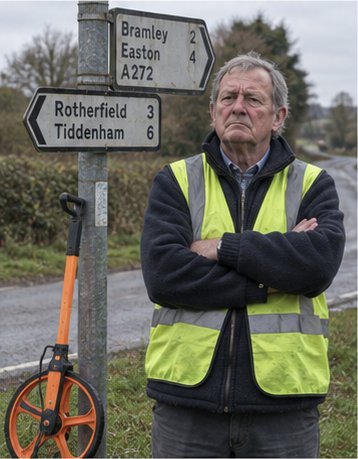 Man in a hi-vis jacket standing at a quiet rural junction, arms folded, pointing furiously at a perfectly empty road. Trundle wheel leaning on the sign.