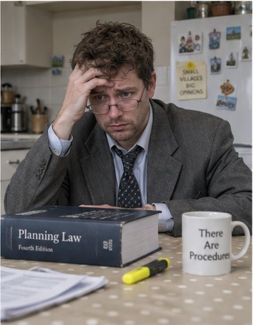 Young man in an oversized suit at a kitchen table with a single law textbook, a highlighter and a look of mild panic.