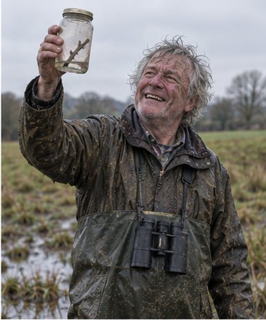Man in chest waders holding a jam jar up to the light in the middle of a puddle, triumphant. Binoculars round his neck. Absolutely soaked.