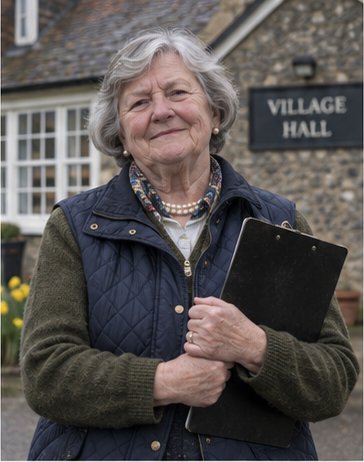 Woman in a quilted gilet and pearls holding a clipboard like a weapon. Village hall behind her. She is smiling, which is worse.