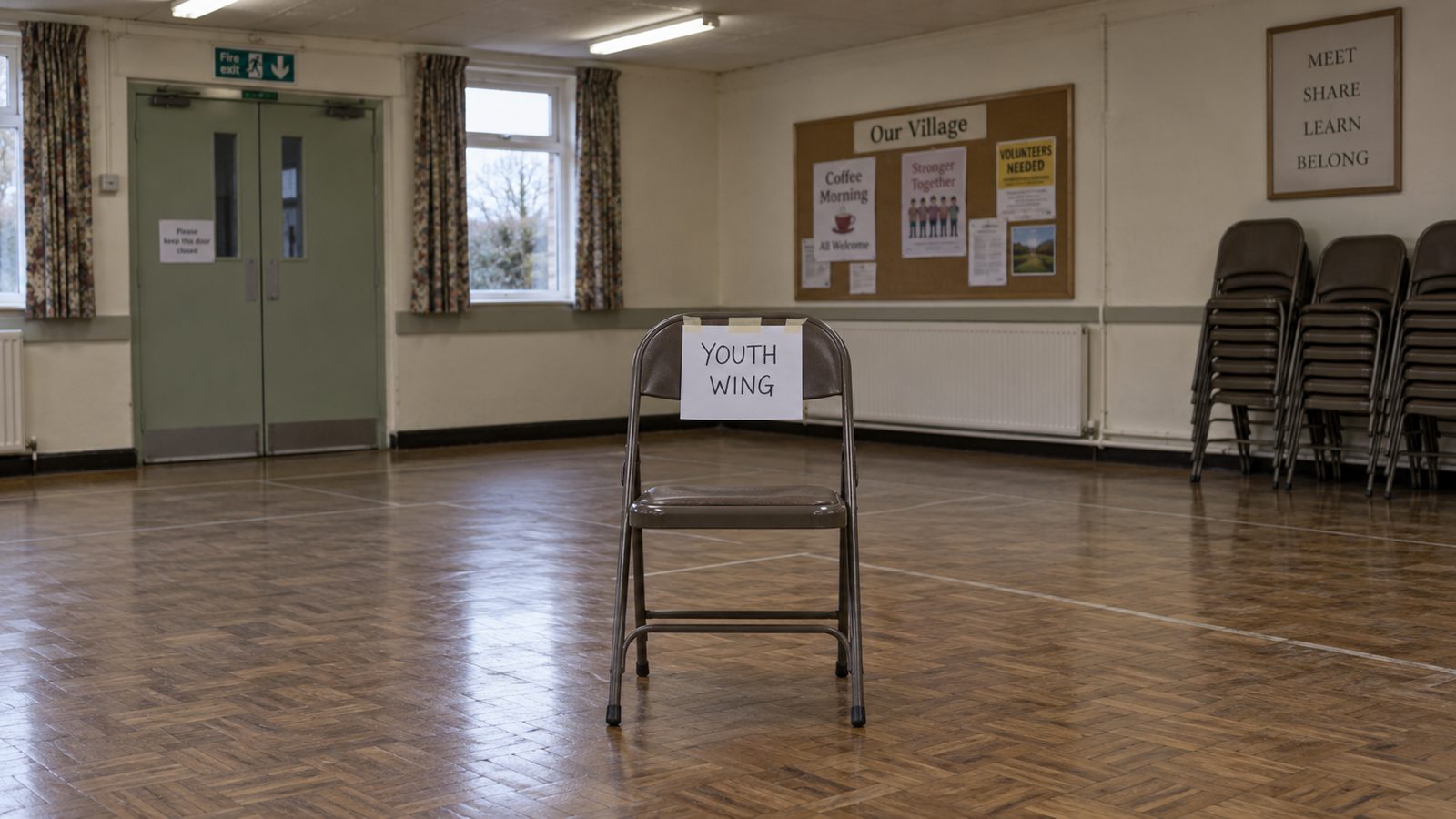 An empty folding chair in a village hall with a handwritten sign taped to it reading "YOUTH WING".